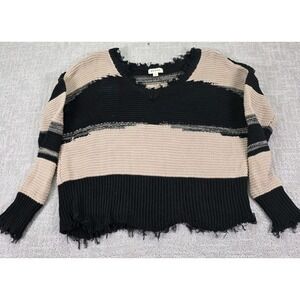 Rag Poets Distressed Black Tan Striped Frayed Hem Sweater Women's Size Small